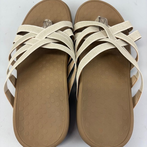 Vionic Tia Womens 8 Champagne Gold Metallic Woven Thong Sandal Stretch Gore - Picture 4 of 6